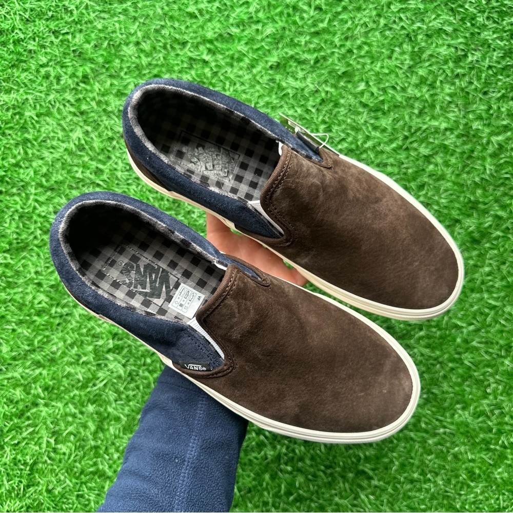 Vans Classic Slip On Pig Suede Plaid Brown Navy - Picture 2 of 10